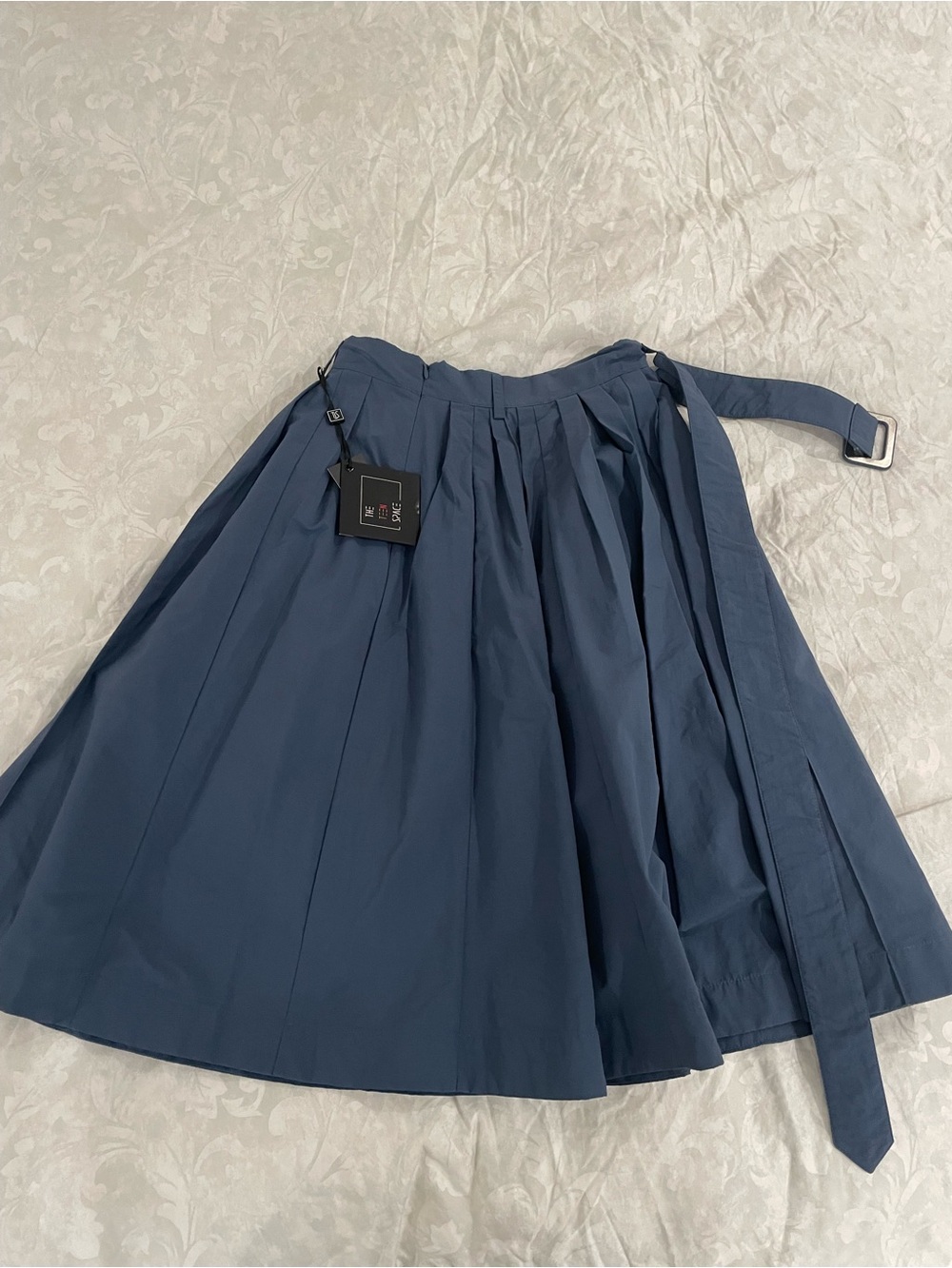 Navy Pleated A-Line Skirt with Side Tie